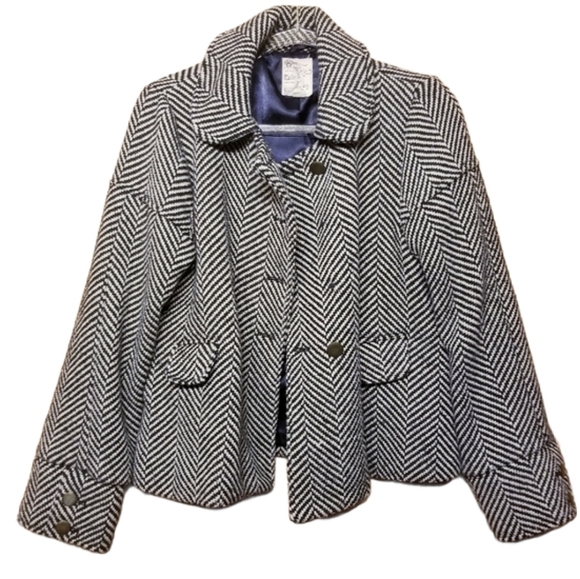 Tulle | Women's Black and Off White Chevron Print Pea Coat (Size Medium) - Picture 1 of 15